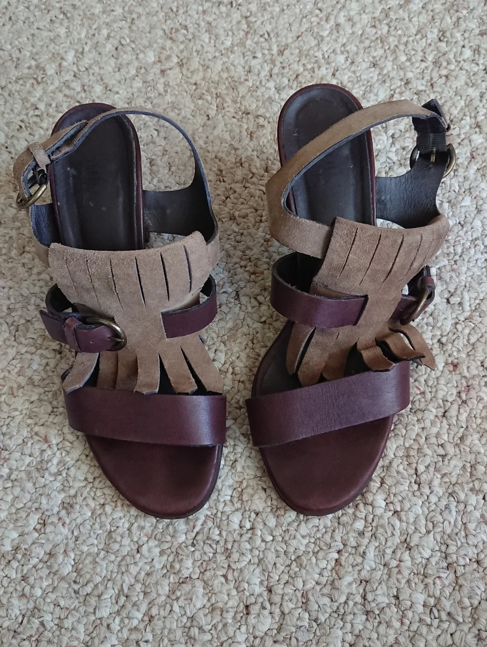 MINELLI Brown Leather with Suede fringe strap Block Heel Sandals size 8